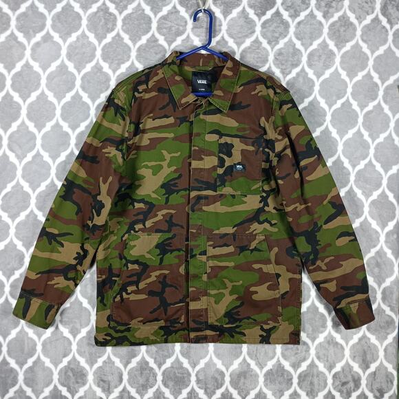 Vans Jacket Men XL Camo Canvas Military Field Button Front Woodland Utility Coat - Picture 3 of 9